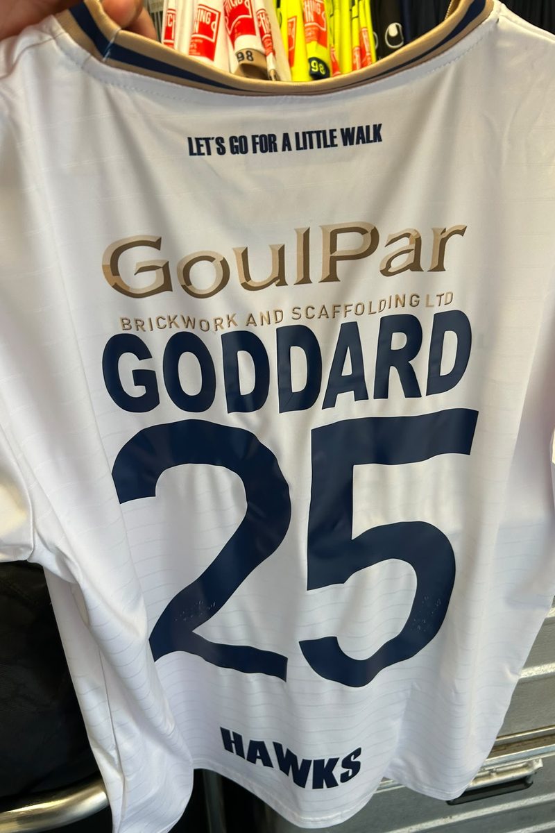 White Havant & Waterlooville FC shirt showing GoulPar back-of-shirt sponsorship